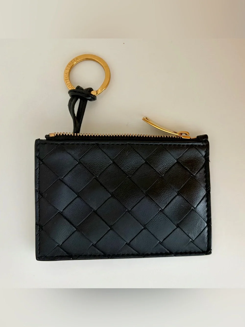 Bottega Veneta Black Intrecciato Leather Zip Key Card Holder with Gold Zip